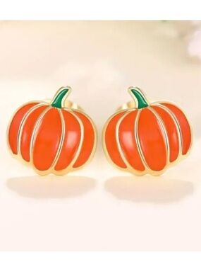 Fall Autumn Halloween Pumpkin Enamel Gold Toned Stud Earrings